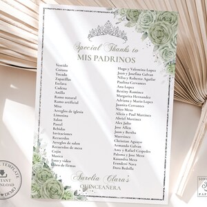 Sage Green Floral Silver Quinceañera Mis Padrinos List Printable ...