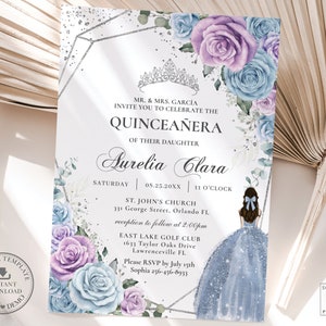 Baby Blue Purple Lilac Roses Floral Silver Quinceañera Invitation INSTANT DOWNLOAD Quince 15 Sweet 16 Birthday Invite Editable Template QC29