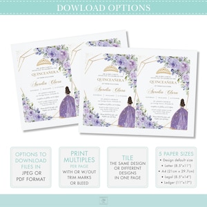 May include: Purple and gold Quincea&ntilde;era invitation with a floral design and a silhouette of a young woman in a purple dress. The invitation includes the text "MR. & MRS. GARCIA INVITE YOU TO CELEBRATE THE QUINCEA&Ntilde;ERA OF THEIR DAUGHTER AURELIA CLARA" and details about the event.