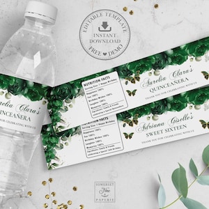 Emerald Green Floral Butterflies Quinceañera Sweet 16 Water Bottle Labels EDITABLE TEMPLATE Birthday Wrapper Sticker Printable INSTANT QC52