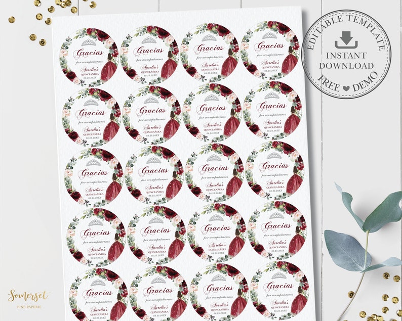 May include: A sheet of 24 round favor stickers with a burgundy, white, and green floral design. The stickers feature a crown, a girl in a burgundy dress, and the text "Gracias por su asistencia a Arelia's Quincea&ntilde;era 24.03.2023".
