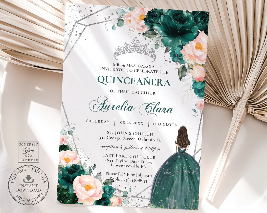 Emerald Green Blush Floral Silver Quinceañera Invitation INSTANT
