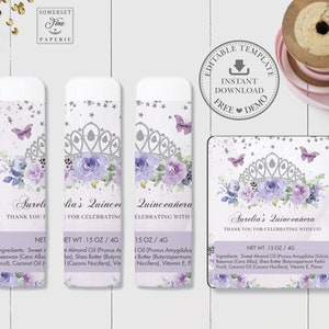 Púrpura Lila Floral Plata Corona Etiquetas de Bálsamo Labial Imprimible PLANTILLA EDITABLE 4g Brillo Labial Quinceañera Cumpleaños Pegatina Favorece INSTANTE, QC3