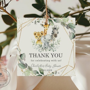 EDITABLE TEMPLATE Jungle Animals Greenery Favor Gift Tags Labels Gender Neutral Baby Shower Birthday Lion Elephant Printable Download GR1