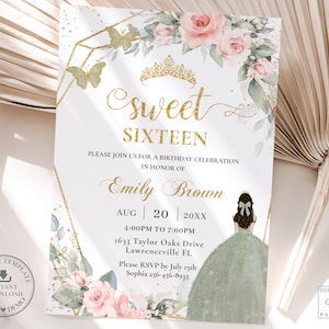 Soft Blush Pink Floral Sage Green Dress Sweet Sixteen Invitation INSTANT DOWNLOAD, Quinceañera 16th Birthday EDITABLE Template Printable BP2