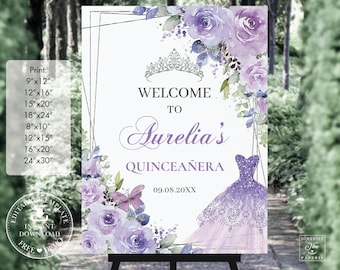 Purple Lilac Floral Dress Gown Silver Quinceañera Welcome Sign Printable EDITABLE TEMPLATE Mis Quince 15 16th Birthday INSTANT Download QC3