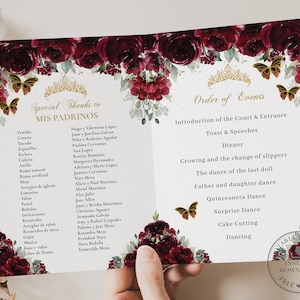 Burgundy Floral Rose Gold Butterflies Quinceañera Program Printable EDITABLE TEMPLATE Padrinos Damas Order of Events Mis Quince Birthday QC6