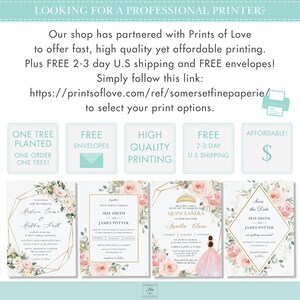 May include: Four invitation cards with floral designs and gold accents. The cards feature a pink and white floral pattern with gold geometric frames. The text on the cards includes "Save the Date", "Quincea&ntilde;era", and wedding invitation details. The cards are printed on high-quality paper and include free envelopes.