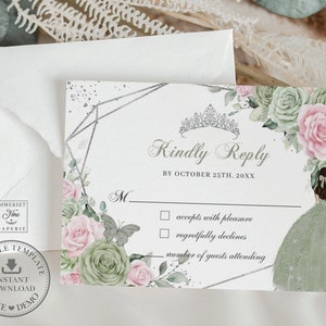 Sage Green Pink Floral Silver Quinceañera RSVP Card EDITABLE TEMPLATE, Princess Mis Quince 15 Diy Sweet 16 Birthday Printable Download, QC49