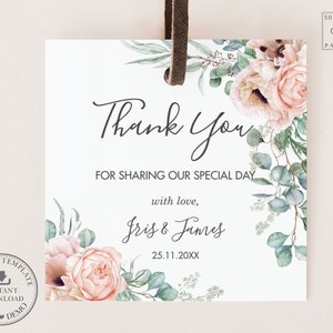 EDITABLE TEMPLATE Blush Poppy Rose Floral Greenery Square Favor Tags, Wedding Bridal Baby Shower Birthday Printable, INSTANT Download, CR1
