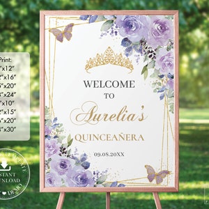 Purple Lilac Floral Butterflies Gold Quinceañera Welcome Sign Printable EDITABLE TEMPLATE Mis Quince 15 16th Birthday INSTANT Download QC3