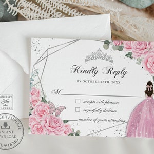 Pink Roses Floral Silver Quinceañera RSVP Card Printable EDITABLE TEMPLATE, Princess Butterflies Mis Quince 15 Anos Sweet 16th Birthday QC24