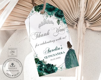 EDITABLE TEMPLATE Thank You Favor Tag Silver Emerald Green Floral Quinceaneara 15th Birthday Sweet 16 Printable INSTANT Download Pdf QC9