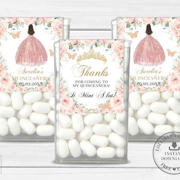 Blush Pink Floral Gold Princess Tic Tac Labels Printable EDITABLE TEMPLATE 15 Quinceañera 16th Birthday Mints Sticker Favors Download QC7