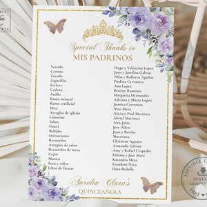 Purple Lilac Floral Quinceañera Padrinos List Printable EDITABLE ...