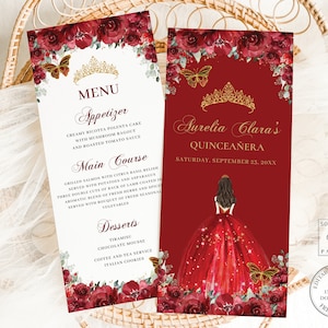 Red Floral Gold Quinceañera Slim Menu EDITABLE TEMPLATE Butterflies Sweet 16 18th Birthday Mis XV Quince Anos Digital File Download QC13
