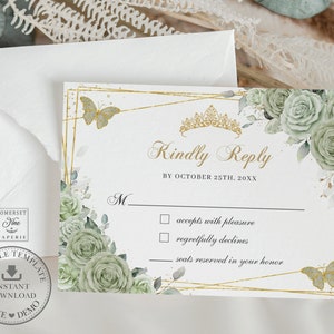 Sage Green Floral Roses Gold Butterflies Quinceañera RSVP Card EDITABLE TEMPLATE Mis Quince 15 Diy Sweet 16 Birthday Printable Download QC43