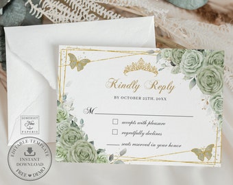 Puede incluir: Una tarjeta RSVP blanca con un marco geométrico dorado y detalles florales verdes. La tarjeta tiene una corona dorada y mariposas. El texto de la tarjeta dice "Kindly Reply by October 25th, 20XX". Hay dos casillas de verificación para que los invitados indiquen su respuesta: "accepts with pleasure" y "regretfully declines".