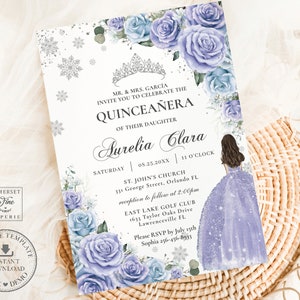 EDITABLE Winter Wonderland Periwinkle Purple Blue Floral Silver Quinceañera Invitation Snowflakes Quince 16th Birthday Invite Printable QC62