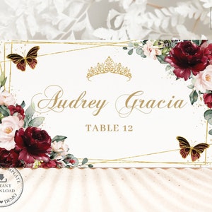 Burgundy Blush Floral Gold Butterflies Crown Place Cards Printable EDITABLE TEMPLATE Table Guest Name Quinceañera Sweet 16 Birthday File QC1