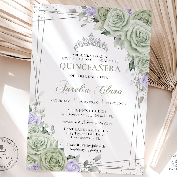 EDITABLE Sage Green Purple Lavender Lilac Floral Silver Quinceañera Invitation Mis Quince 15 XV Sweet 16th Birthday Printable Download QC67