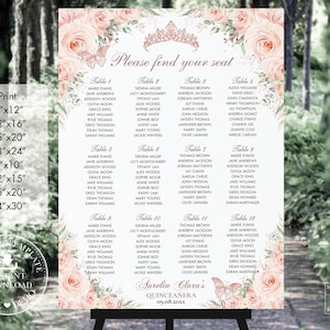 Blush Pink Floral Rose Gold Butterflies Quinceañera Seating Chart Printable EDITABLE TEMPLATE Mis Quince 18th 16th Birthday INSTANT QC45