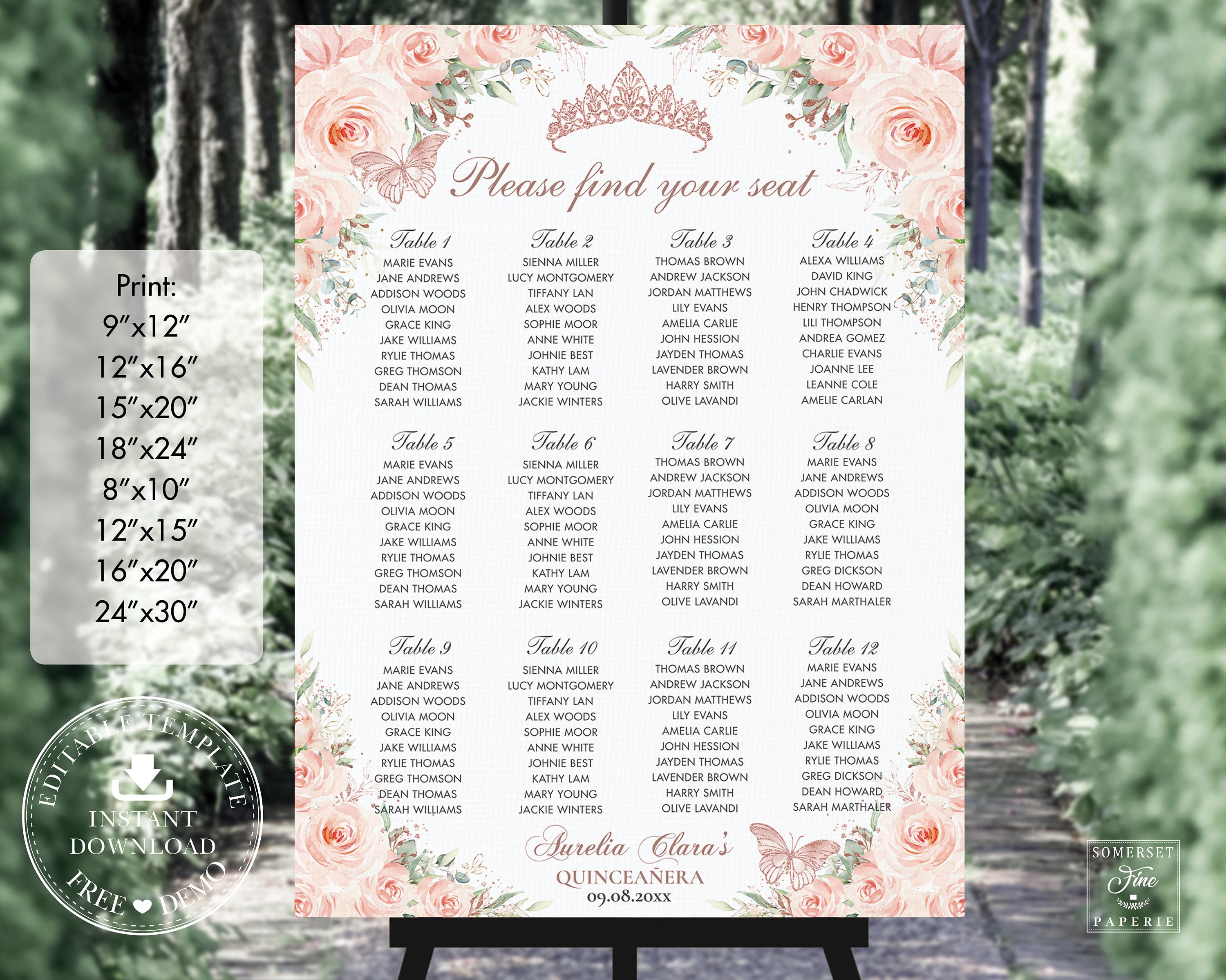 Blush Pink Floral Rose Gold Butterflies Quinceañera Seating Chart Printable EDITABLE TEMPLATE Mis Quince 18th 16th Birthday INSTANT QC45