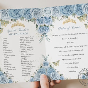 Baby Blue Floral Gold Butterflies Quinceañera Program Printable EDITABLE TEMPLATE Padrinos Damas Order of Events Mis Quince Birthday QC18