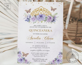 May include: Purple and gold Quinceañera invitation with a watercolor floral design, a gold crown, and butterflies. The invitation includes the text "MR. & MRS. GARCÍA INVITE YOU TO CELEBRATE THE QUINCEAÑERA OF THEIR DAUGHTER Surelia Clara SATURDAY 08.25.20XX | 11 O'CLOCK ST. JOHN'S CHURCH 331 George Street, Orlando FL reception to follow at 2:00pm EAST LAKE GOLF CLUB 1633 Taylor Oaks Drive Lawrenceville FL Please RSVP by July 15th Sophia 256-456-8933"