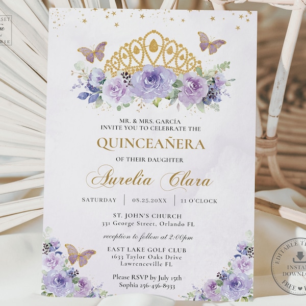 Purple Lilac Floral Quinceañera Invitation INSTANT DOWNLOAD, Gold Tiara Crown Mis Quince 15 Anos Birthday Editable Template Printable, QC3