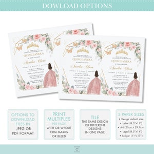 May include: A printable Quincea&ntilde;era invitation template with a pink and gold color scheme. The invitation features a watercolor floral design with butterflies and a crown. The text on the invitation reads "MR. & MRS. GARCIA INVITE YOU TO CELEBRATE THE QUINCEA&Ntilde;ERA OF THEIR DAUGHTER SURELIA CLARA".