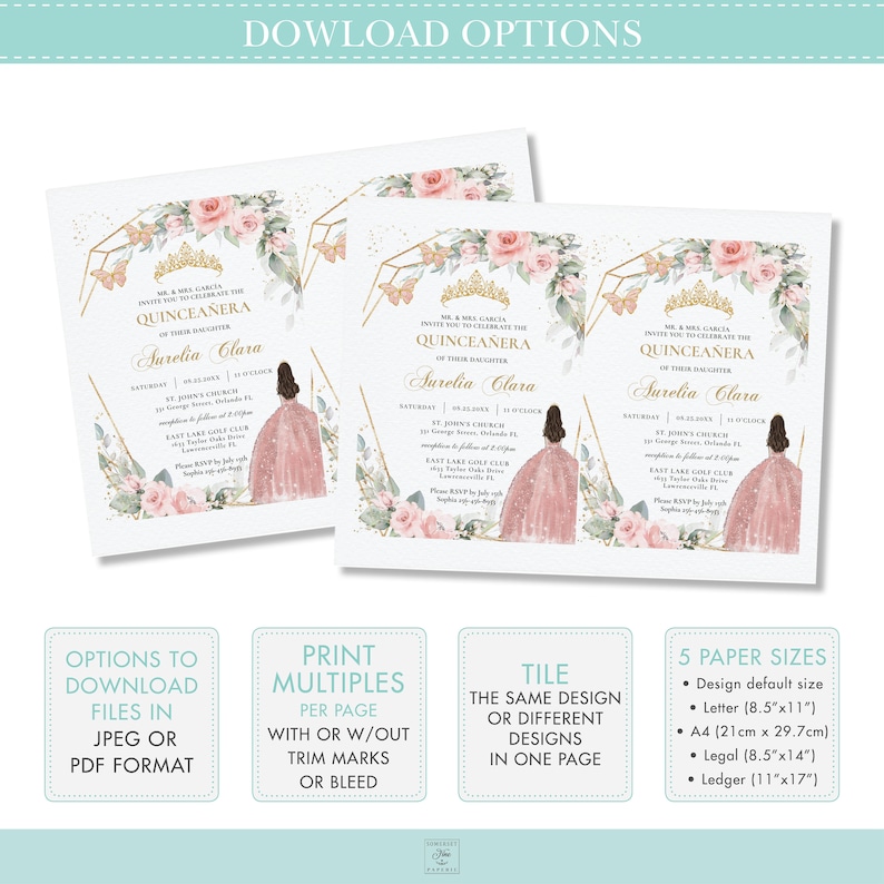 May include: A printable Quincea&ntilde;era invitation template with a pink and gold color scheme. The invitation features a watercolor floral design with butterflies and a crown. The text on the invitation reads "MR. & MRS. GARCIA INVITE YOU TO CELEBRATE THE QUINCEA&Ntilde;ERA OF THEIR DAUGHTER SURELIA CLARA".