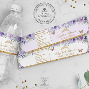 Purple Lilac Floral Gold Butterflies Quinceanera XV 15 Water Bottle Label EDITABLE TEMPLATE Sweet 16 Birthday Wrapper Sticker Download QC3