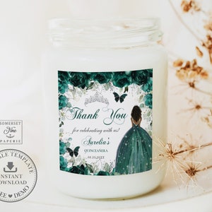 EDITABLE 2&quot; Square Favor Labels Tags Stickers Emerald Green Floral Silver Brown Princess Quinceaneara 15th Birthday Sweet 16 Download QC9