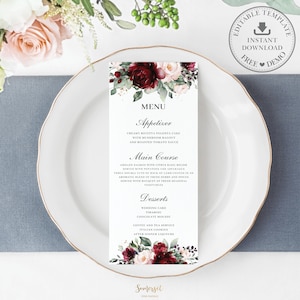 Menú de boda floral rústico de color burdeos, PLANTILLA EDITABLE, Flores románticas, comida de recepción verde, imprimible, descarga instantánea, RB1