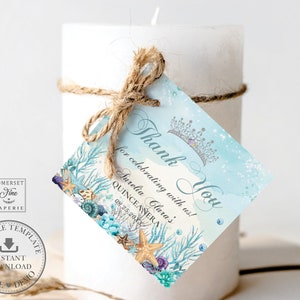 EDITABLE Template Square Favor Candle Label Under the Sea Turquoise Blue Silver Quinceañera Quince Birthday Sweet 16 INSTANT Download QC53