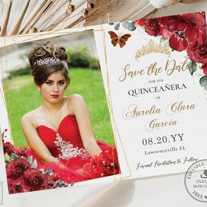 Red Floral Flower Butterflies Gold Crown Quinceañera Save the Date Photo Postcard Printable EDITABLE TEMPLATE 15 Mis Quince 16 Birthday QC13