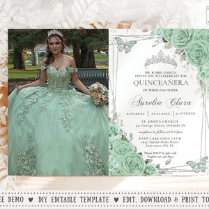 Mint Green Floral Silver Butterflies Quinceañera Photo Invitation EDITABLE Template Mis Quince XV Sweet 16 Birthday Printable Download QC89