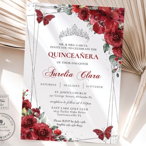Red Floral Silver Butterflies Quinceañera Invitation EDITABLE TEMPLATE, Mis Quince 15 Anos 16 Birthday Instant Download PDF Printable, QC13