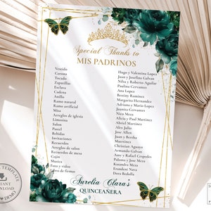 Emerald Green Floral Quinceañera Mis Padrinos List Printable EDITABLE ...
