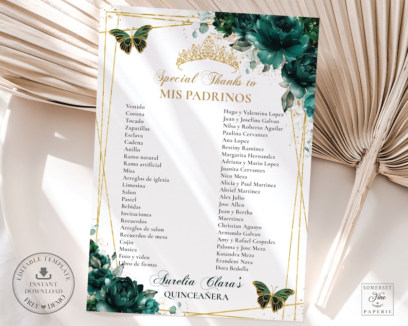 Emerald Green Floral Quinceañera Mis Padrinos List Printable - Etsy