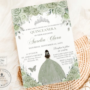 EDITABLE Sage Green Floral Silver Quinceañera Invitation Mis Quince 15 XV 16th 18th Debutante Birthday Invite Printable File Download, QC43