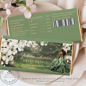 May include: Green and gold chocolate bar wrapper with the text "Zahara Rose's Sweet Sixteen" and a graphic of a woman in a green gown. The wrapper also includes white flowers and a crown design.