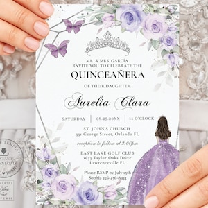EDITABLE Lavender Lilac Purple Floral Silver Quinceañera Invitation Princess Dress Mis Quince 15 Anos Birthday Printable BP4