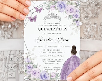 EDITABLE Lavender Lilac Purple Floral Silver Quinceañera Invitation Princess Dress Mis Quince 15 Anos Birthday Printable BP4