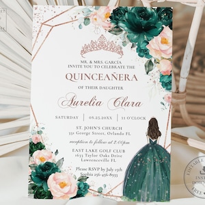 Emerald Green Blush Floral Rose Gold Quinceañera Invitation EDITABLE TEMPLATE Mis Quince 15 Sweet 16 Birthday Invite DIY Download File QC20