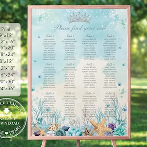 May include: A printable wedding seating chart template with a watercolor background featuring a crown, seashells, and starfish. The chart is designed for a beach-themed wedding and includes table numbers and guest names.
