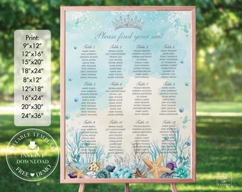 EDITABLE Under the Sea Turquoise Blue Silver Quinceañera Seating Chart Sign Mis Quince 15 Anos 16th Birthday Download File Printable QC53