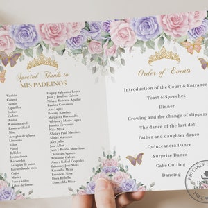 Lavender Purple Pink Floral Butterflies Quinceañera Program Printable EDITABLE TEMPLATE Padrinos Damas Order of Events Quince Birthday QC66