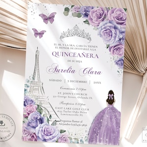 Púrpura Lavanda Lila Floral Plata Quinceañera París Eiffel Invitación Imprimible PLANTILLA EDITABLE Quince 15 Años Dulce 16 Cumpleaños, QC37